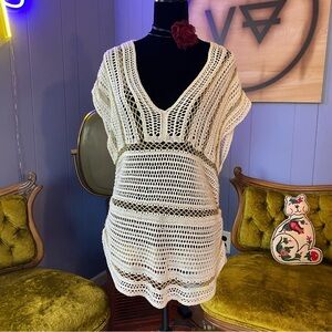Vintage Y2K Bebe Crochet V Neck Short Sleeved Cover Up Mini Dress Size S/M